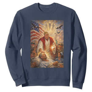 Trump The Healer Oil Painting Graphic Sweatshirt Sacred Heart Divine Mercy Political Parody TS02 Navy Print Your Wear