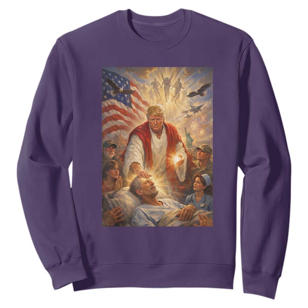 Trump The Healer Oil Painting Graphic Sweatshirt Sacred Heart Divine Mercy Political Parody TS02 Purple Print Your Wear