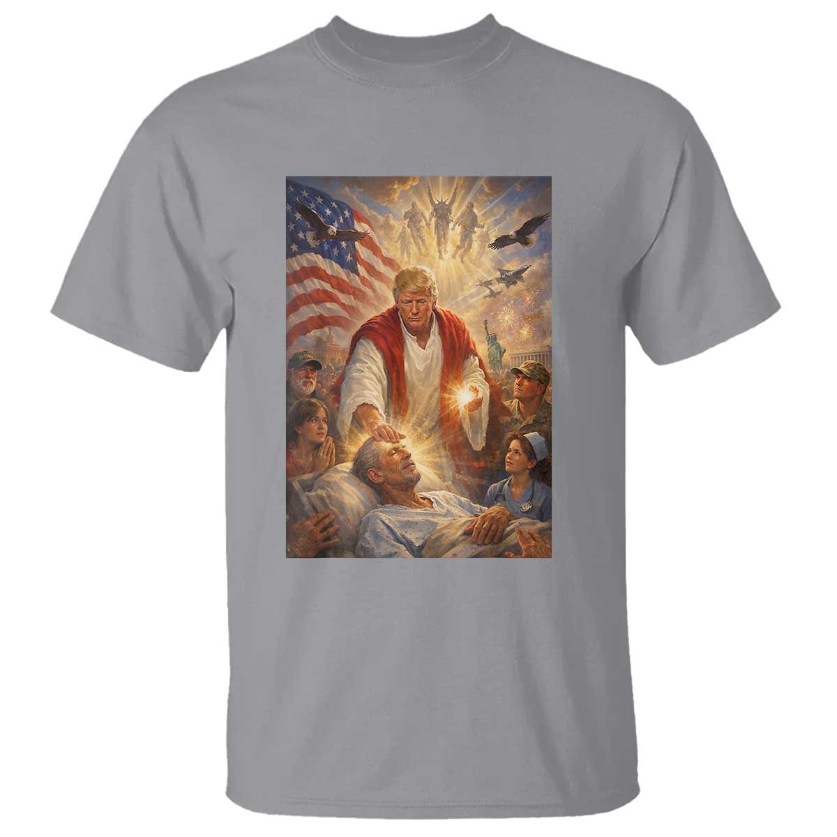 Trump The Healer Oil Painting Graphic T Shirt Sacred Heart Divine Mercy Political Parody TS02 Sport Gray Print Your Wear