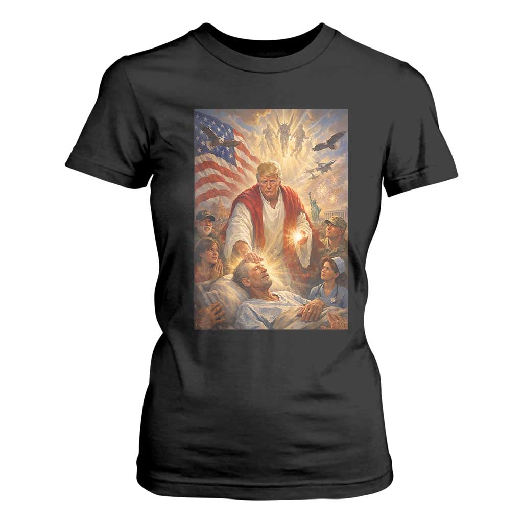 Trump The Healer Oil Painting Graphic T Shirt For Women Sacred Heart Divine Mercy Political Parody TS02 Black Print Your Wear