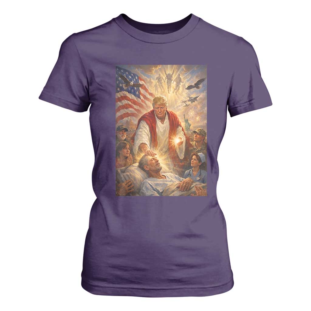 Trump The Healer Oil Painting Graphic T Shirt For Women Sacred Heart Divine Mercy Political Parody TS02 Purple Print Your Wear