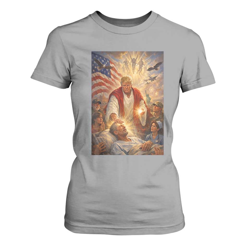 Trump The Healer Oil Painting Graphic T Shirt For Women Sacred Heart Divine Mercy Political Parody TS02 Sport Gray Print Your Wear
