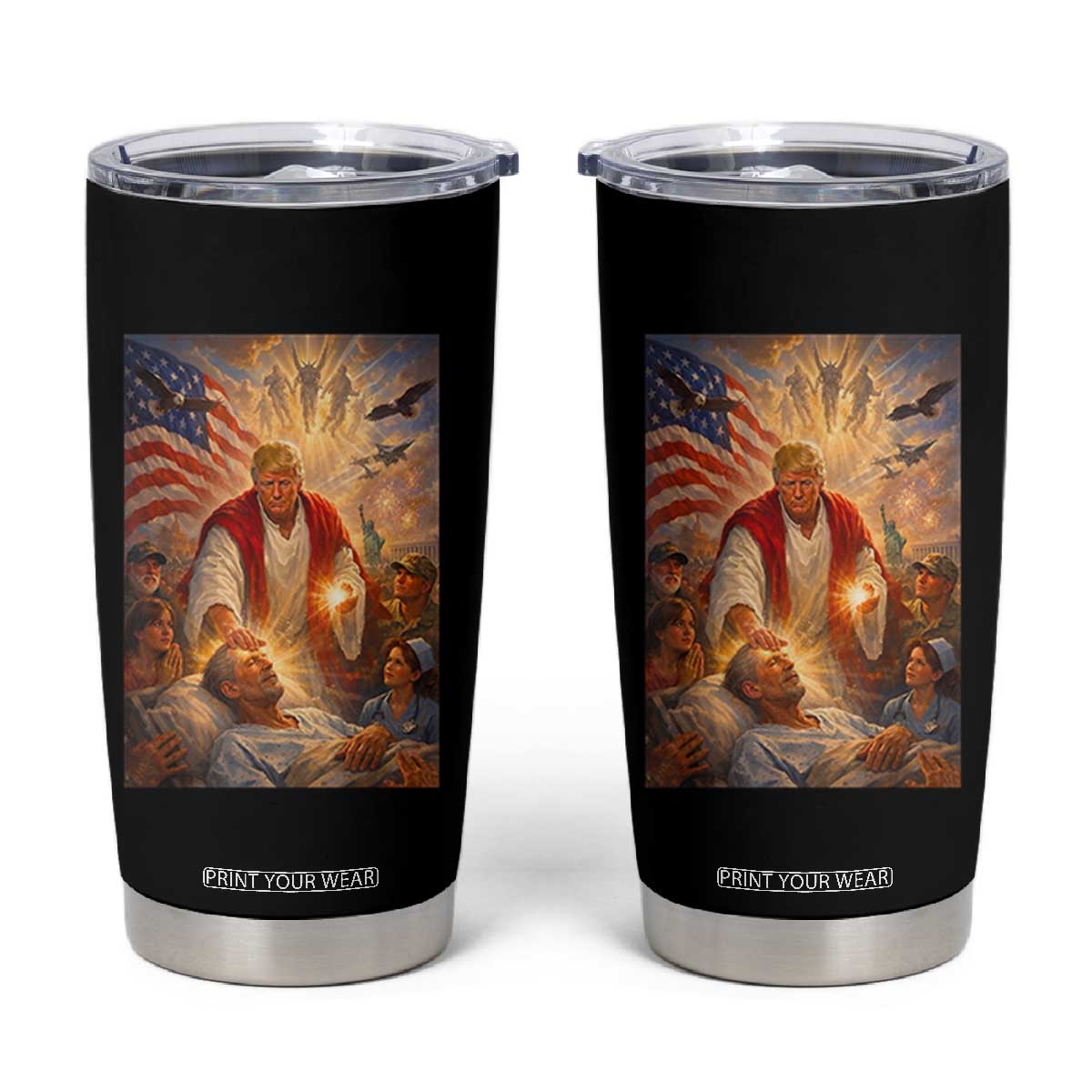 Trump The Healer Oil Painting Graphic Tumbler Cup Sacred Heart Divine Mercy Political Parody TS02 Black Print Your Wear