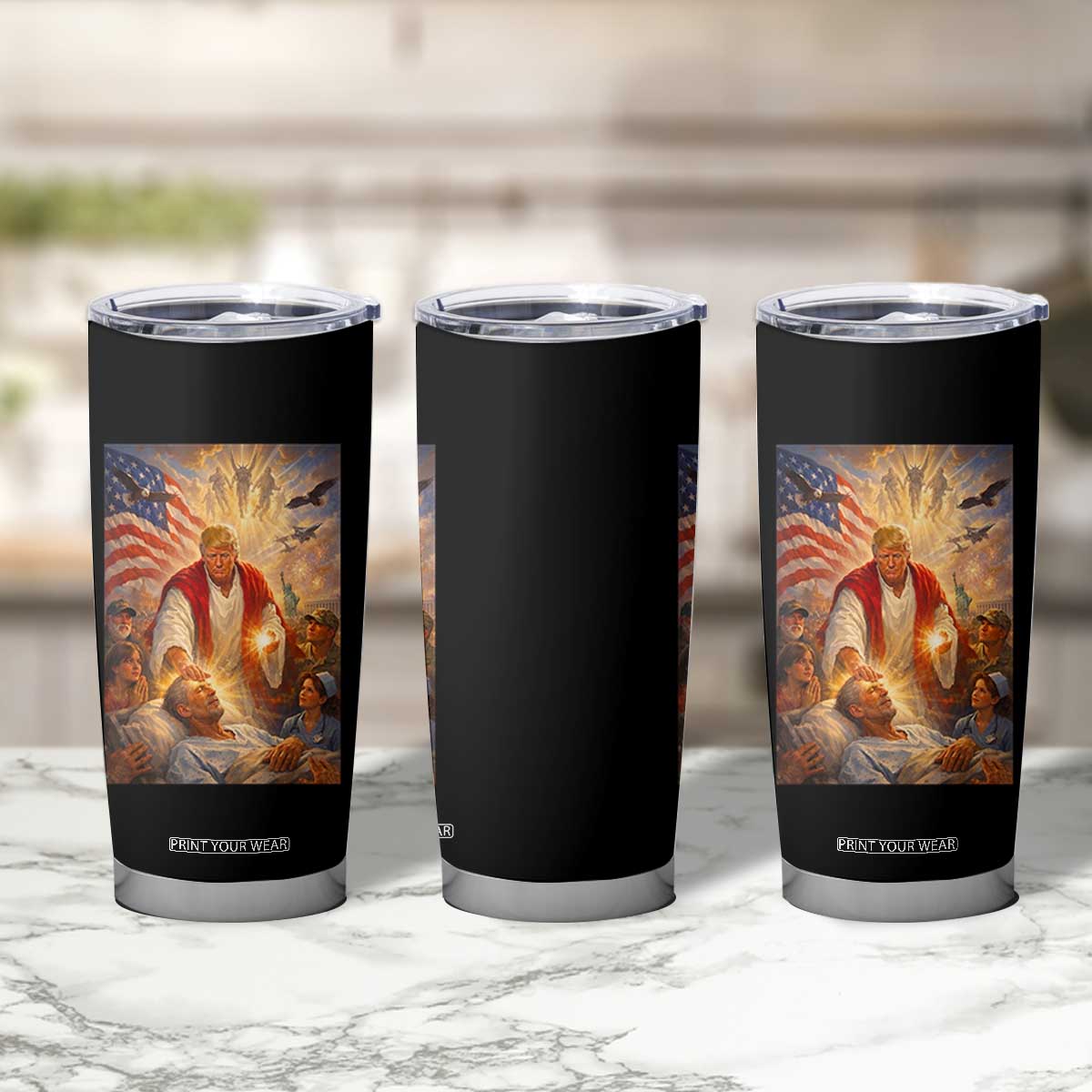 Trump The Healer Oil Painting Graphic Tumbler Cup Sacred Heart Divine Mercy Political Parody TS02 Print Your Wear