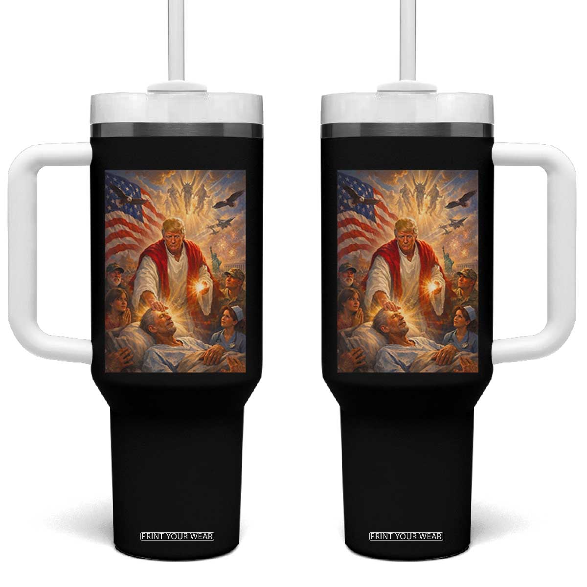 Trump The Healer Oil Painting Graphic Tumbler With Handle Sacred Heart Divine Mercy Political Parody TS02 One Size: 40 oz Black Print Your Wear