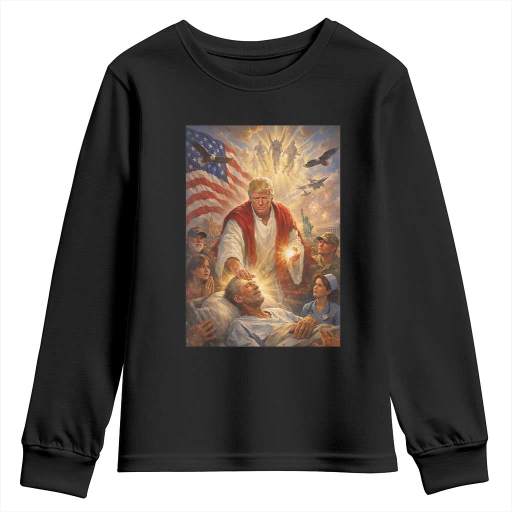 Trump The Healer Oil Painting Graphic Youth Sweatshirt Sacred Heart Divine Mercy Political Parody TS02 Black Print Your Wear