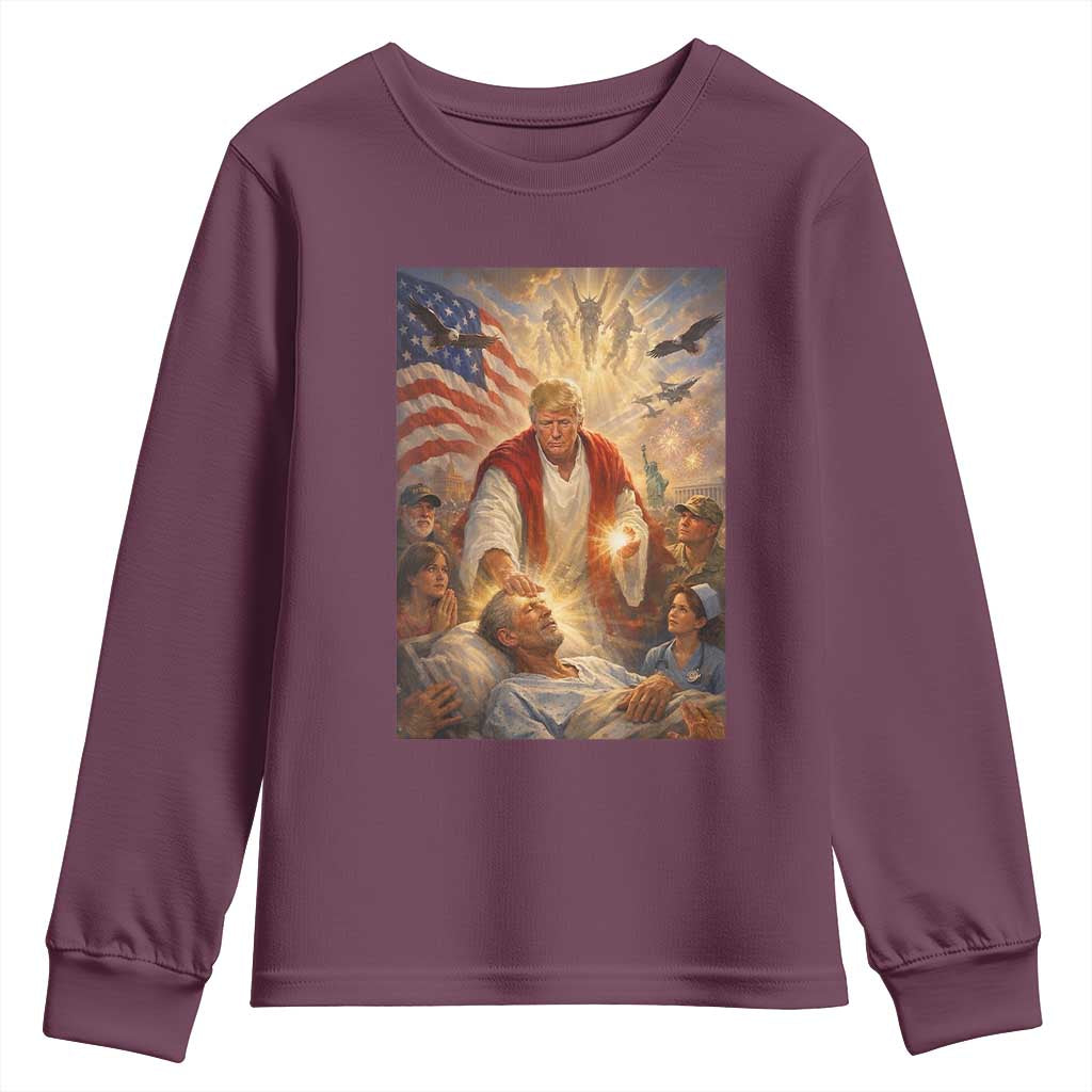 Trump The Healer Oil Painting Graphic Youth Sweatshirt Sacred Heart Divine Mercy Political Parody TS02 Maroon Print Your Wear