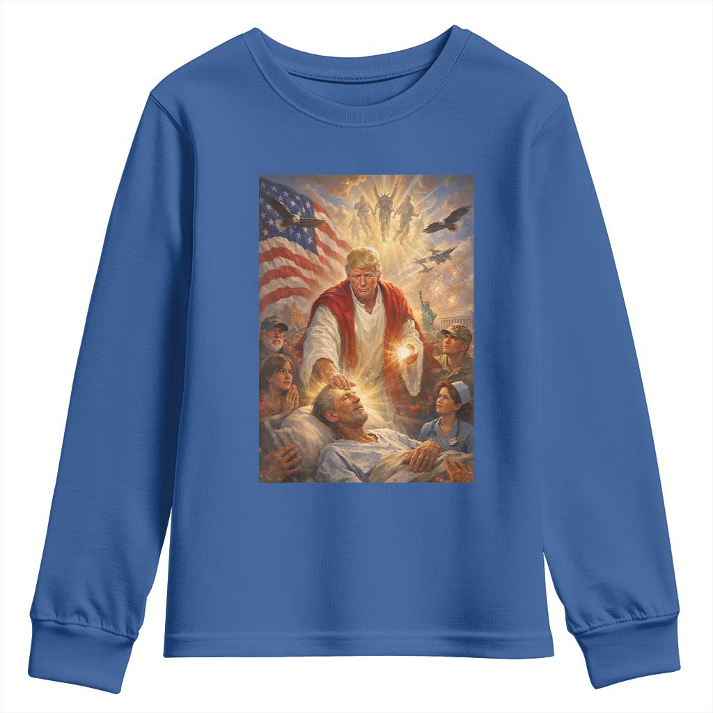 Trump The Healer Oil Painting Graphic Youth Sweatshirt Sacred Heart Divine Mercy Political Parody TS02 Royal Blue Print Your Wear