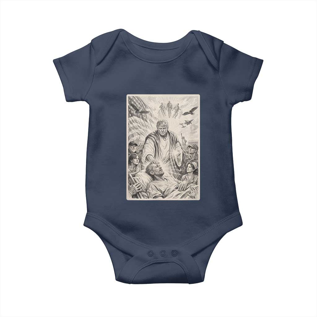 Trump The Healer Graphic Baby Onesie Vintage Etching Style Religious Political Satire TS02 Navy Print Your Wear