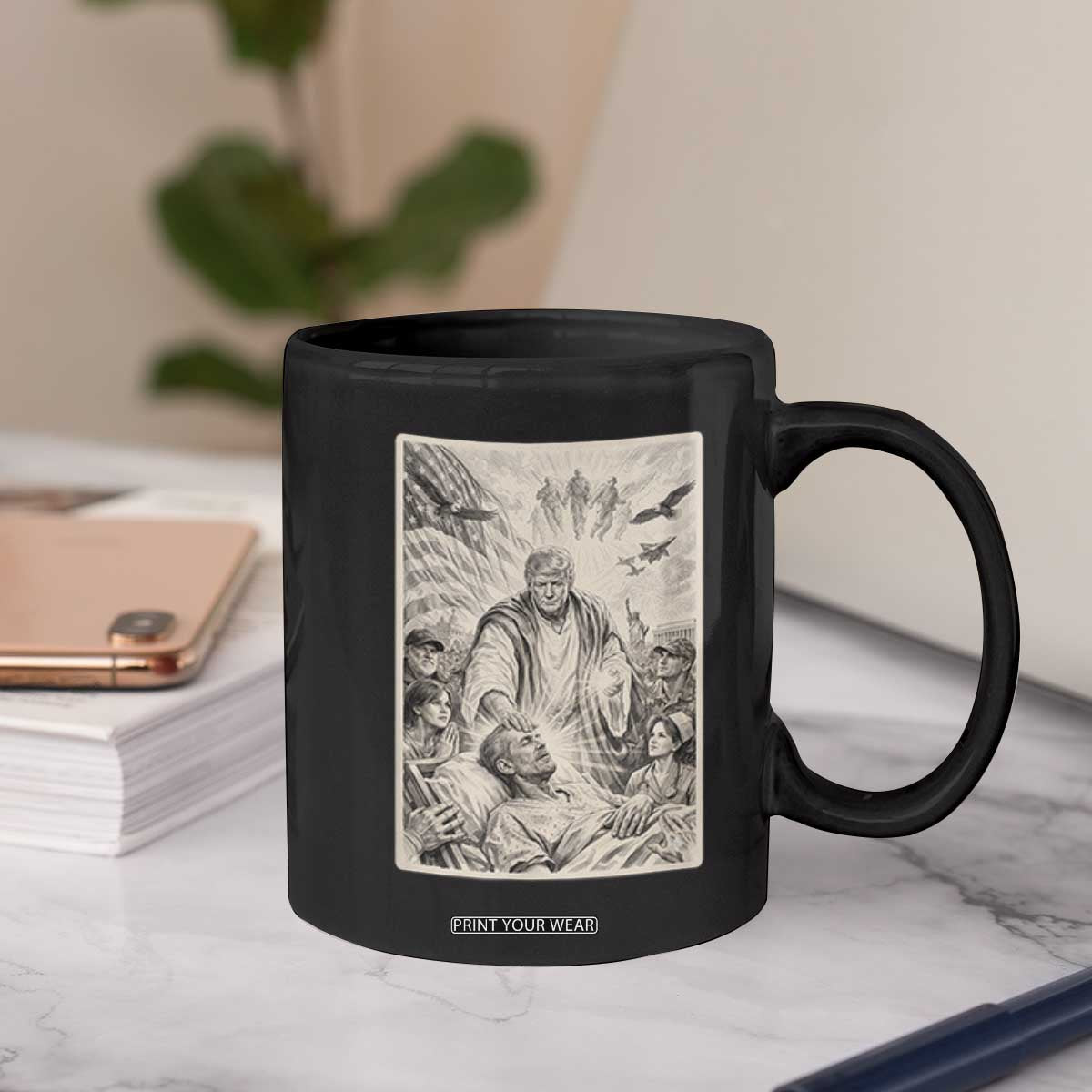 Trump The Healer Graphic Coffee Mug Vintage Etching Style Religious Political Satire TS02 Print Your Wear