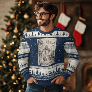 Trump The Healer Graphic Ugly Christmas Sweater Vintage Etching Style Religious Political Satire TS02 Navy Beige Print Your Wear