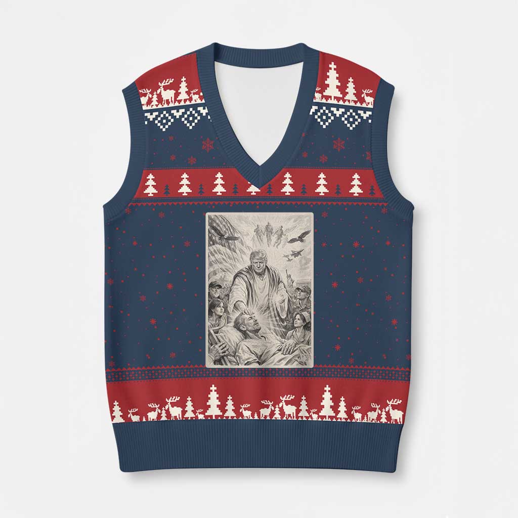 Trump The Healer Graphic V-Neck Knit Sweater Vest Vintage Etching Style Religious Political Satire TS02 Navy Red Print Your Wear