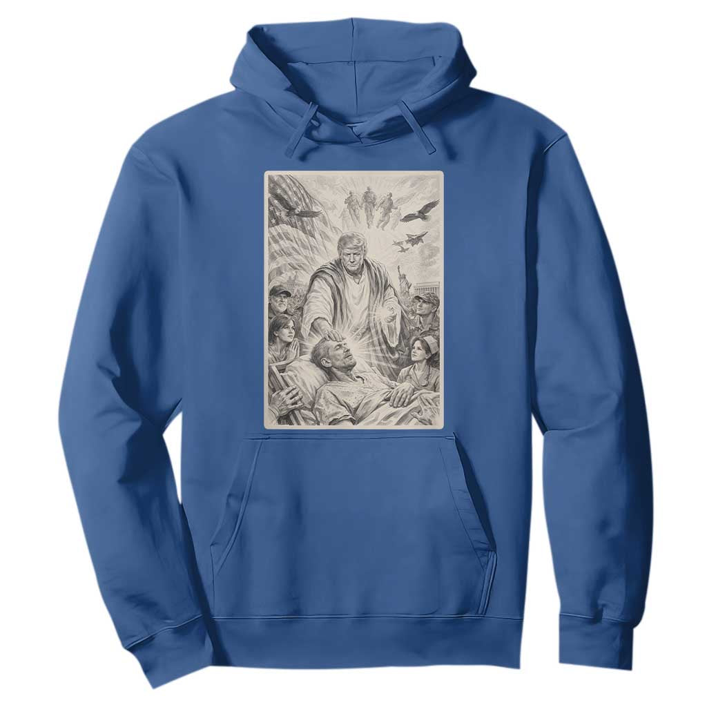 Trump The Healer Graphic Hoodie Vintage Etching Style Religious Political Satire TS02 Royal Blue Print Your Wear