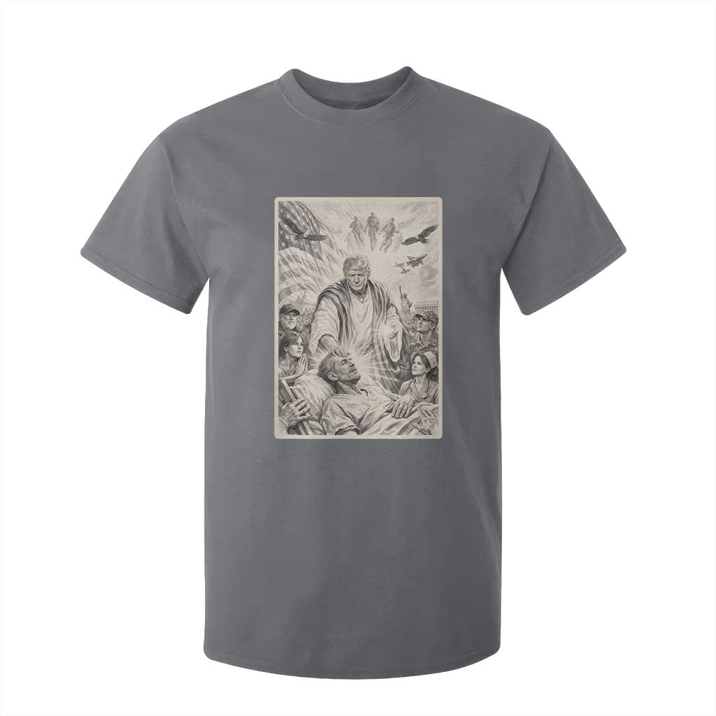 Trump The Healer Graphic T Shirt For Kid Vintage Etching Style Religious Political Satire TS02 Charcoal Print Your Wear