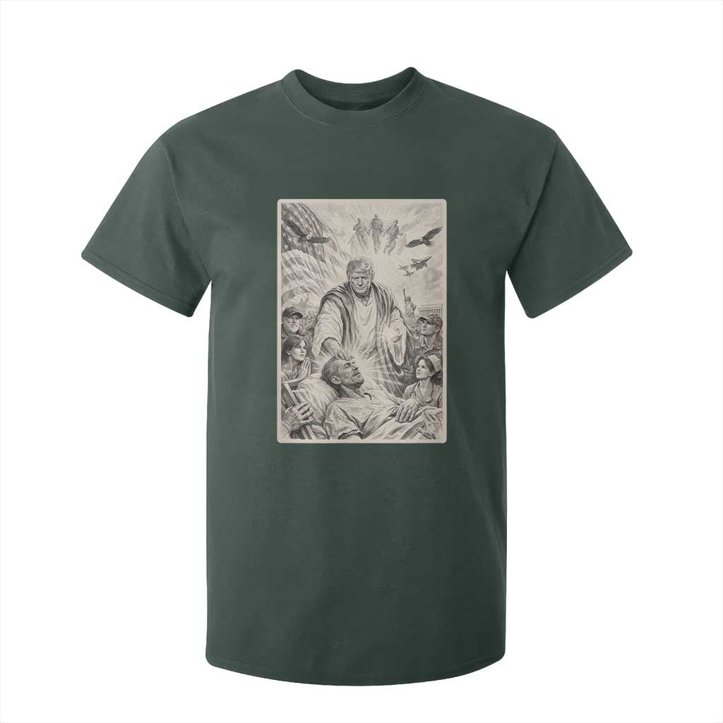 Trump The Healer Graphic T Shirt For Kid Vintage Etching Style Religious Political Satire TS02 Dark Forest Green Print Your Wear