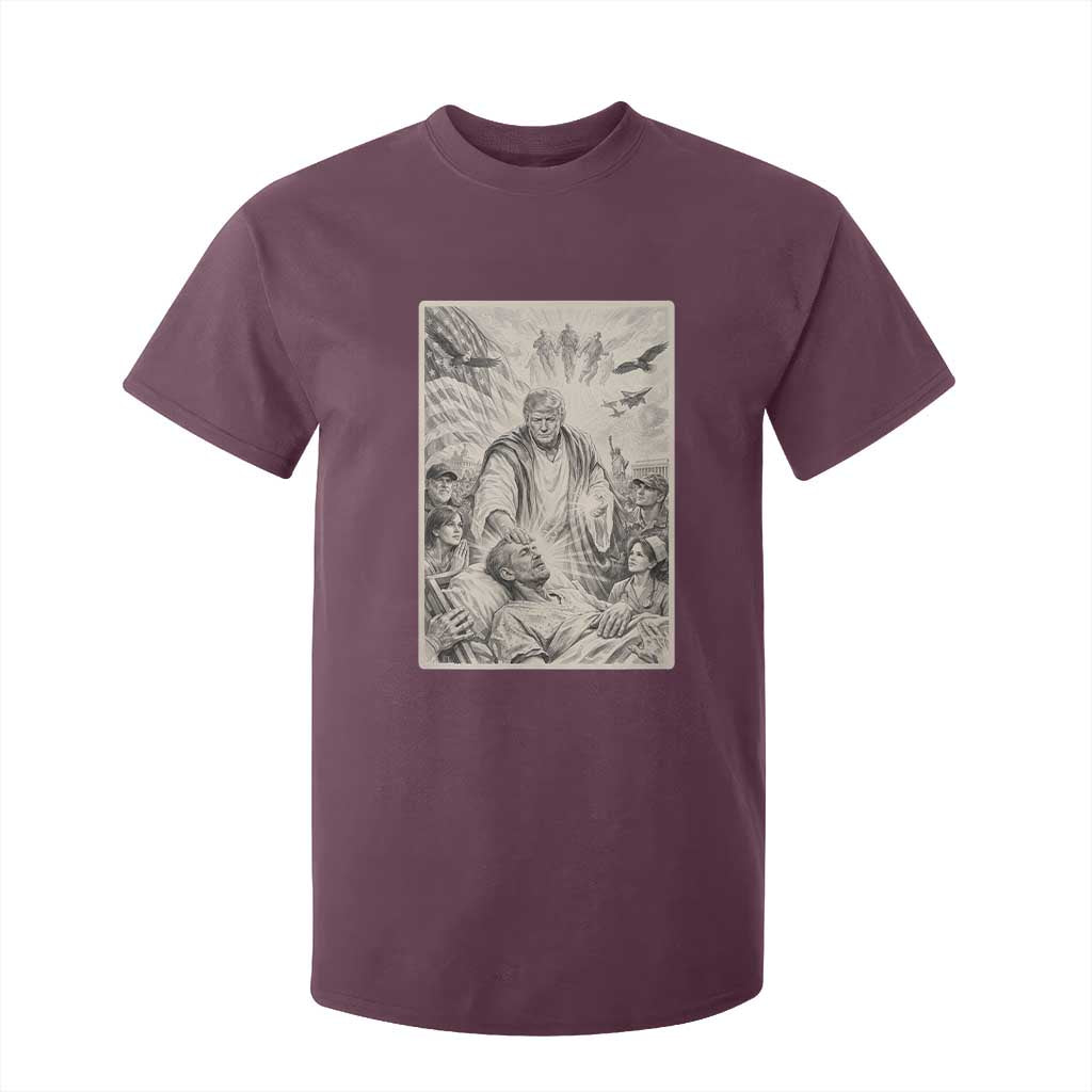 Trump The Healer Graphic T Shirt For Kid Vintage Etching Style Religious Political Satire TS02 Maroon Print Your Wear
