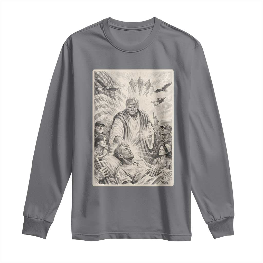 Trump The Healer Graphic Long Sleeve Shirt Vintage Etching Style Religious Political Satire TS02 Charcoal Print Your Wear