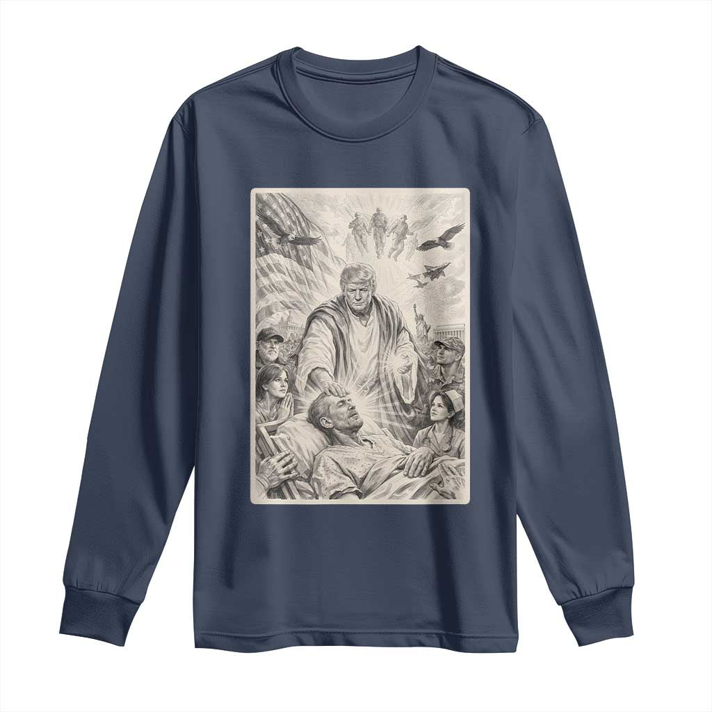 Trump The Healer Graphic Long Sleeve Shirt Vintage Etching Style Religious Political Satire TS02 Navy Print Your Wear