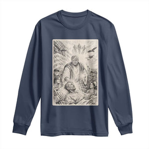 Trump The Healer Graphic Long Sleeve Shirt Vintage Etching Style Religious Political Satire TS02 Navy Print Your Wear