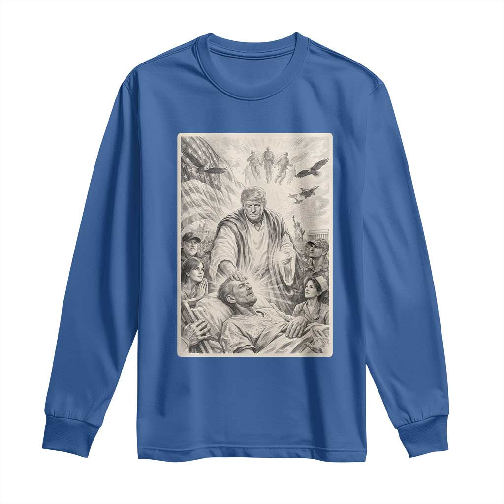 Trump The Healer Graphic Long Sleeve Shirt Vintage Etching Style Religious Political Satire TS02 Royal Blue Print Your Wear
