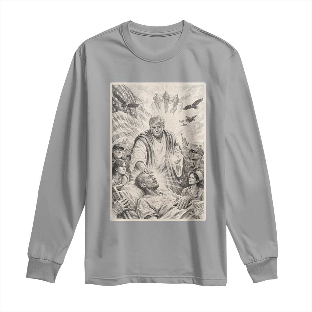 Trump The Healer Graphic Long Sleeve Shirt Vintage Etching Style Religious Political Satire TS02 Sport Gray Print Your Wear