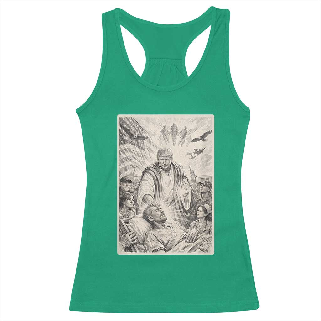 Trump The Healer Graphic Racerback Tank Top Vintage Etching Style Religious Political Satire TS02 Irish Green Print Your Wear