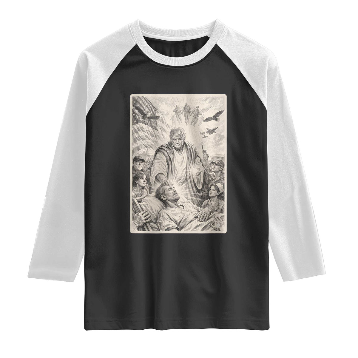 Trump The Healer Graphic Raglan Shirt Vintage Etching Style Religious Political Satire TS02 Black White Print Your Wear