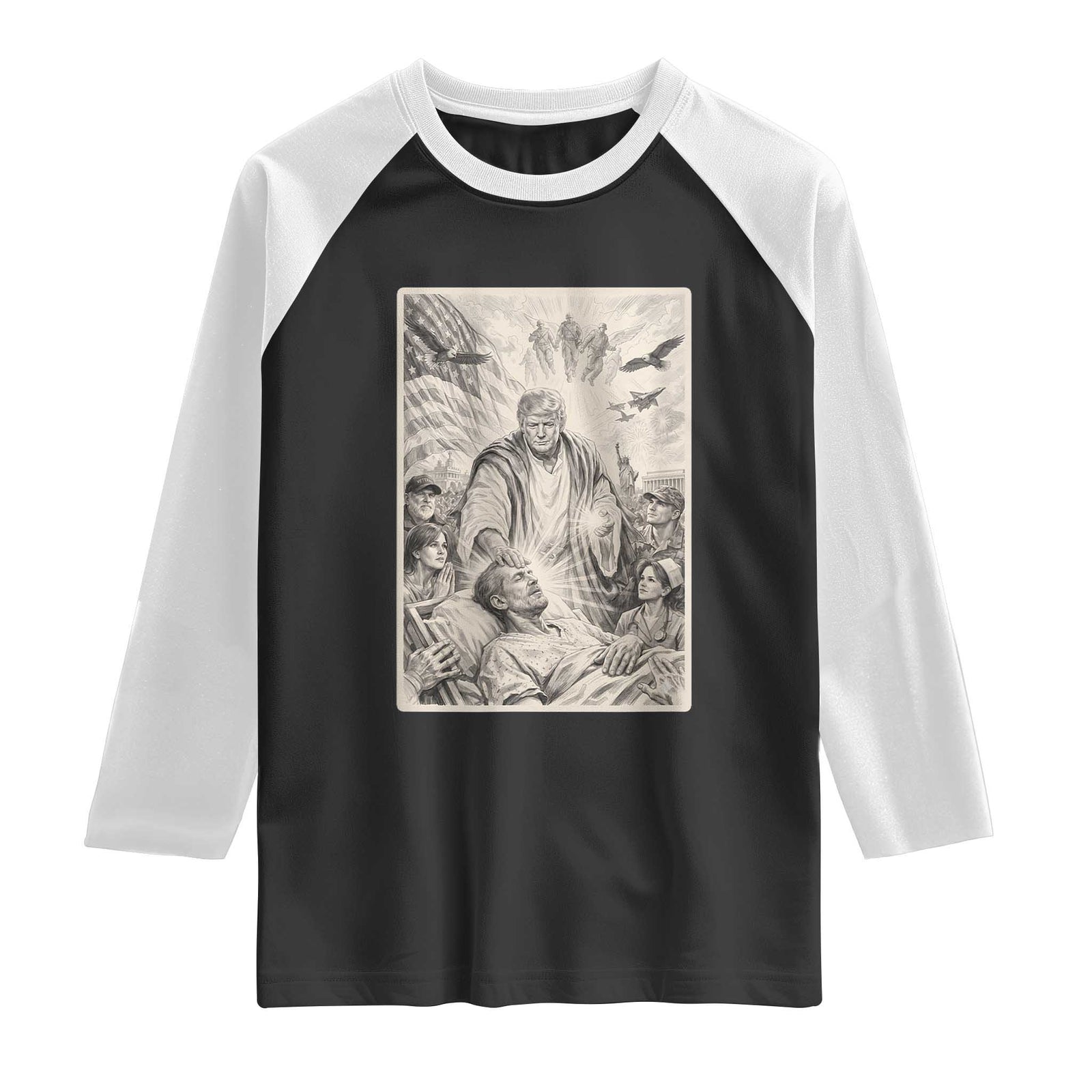 Trump The Healer Graphic Raglan Shirt Vintage Etching Style Religious Political Satire TS02 Black White Print Your Wear