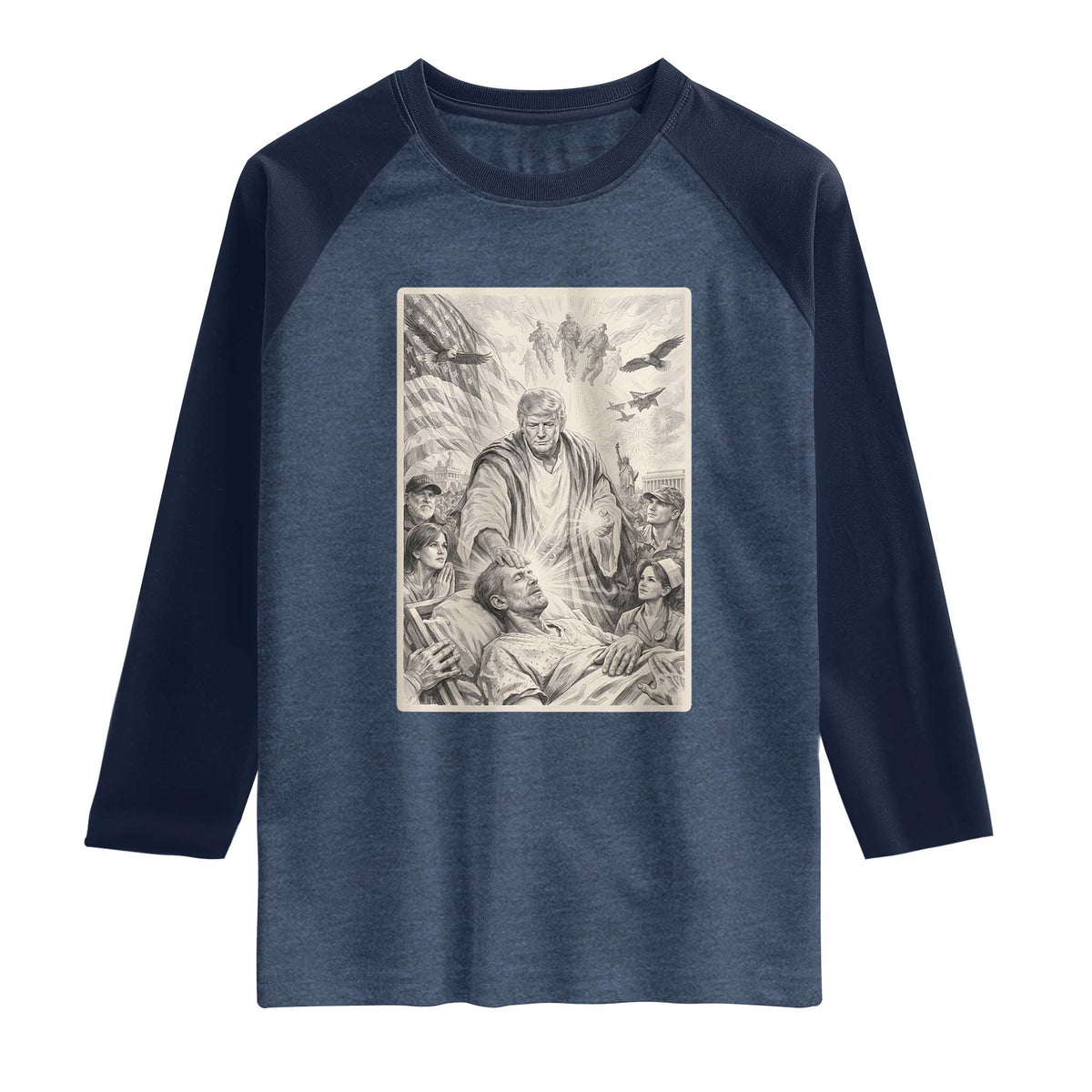 Trump The Healer Graphic Raglan Shirt Vintage Etching Style Religious Political Satire TS02 Heather Denim Navy Print Your Wear