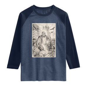 Trump The Healer Graphic Raglan Shirt Vintage Etching Style Religious Political Satire TS02 Heather Denim Navy Print Your Wear