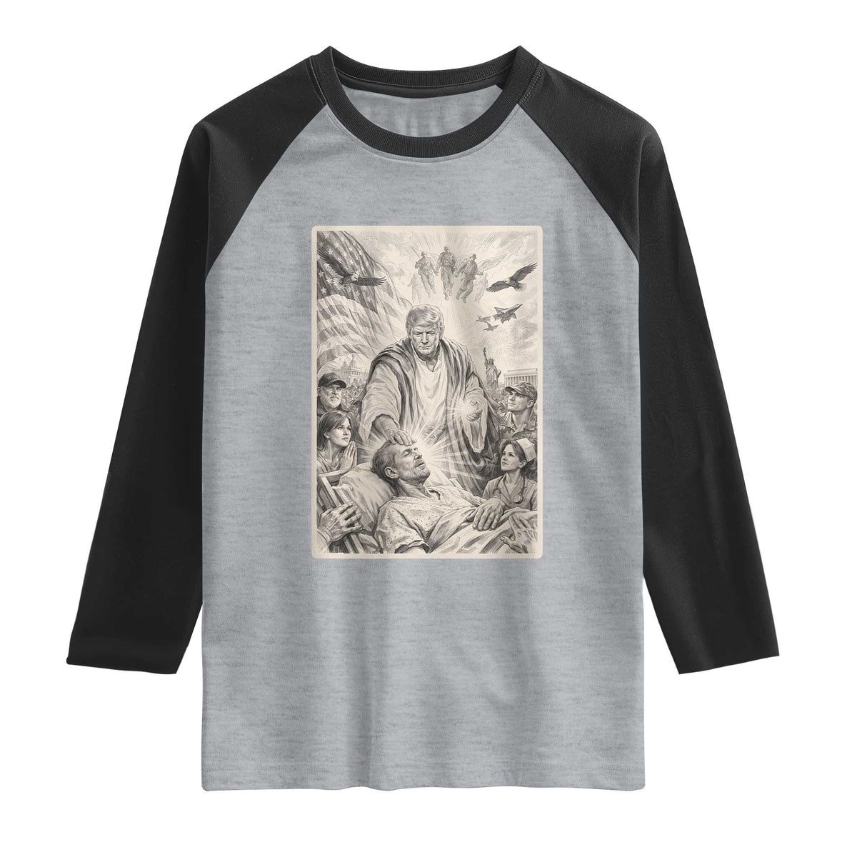 Trump The Healer Graphic Raglan Shirt Vintage Etching Style Religious Political Satire TS02 Heather Gray Black Print Your Wear