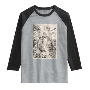 Trump The Healer Graphic Raglan Shirt Vintage Etching Style Religious Political Satire TS02 Heather Gray Black Print Your Wear