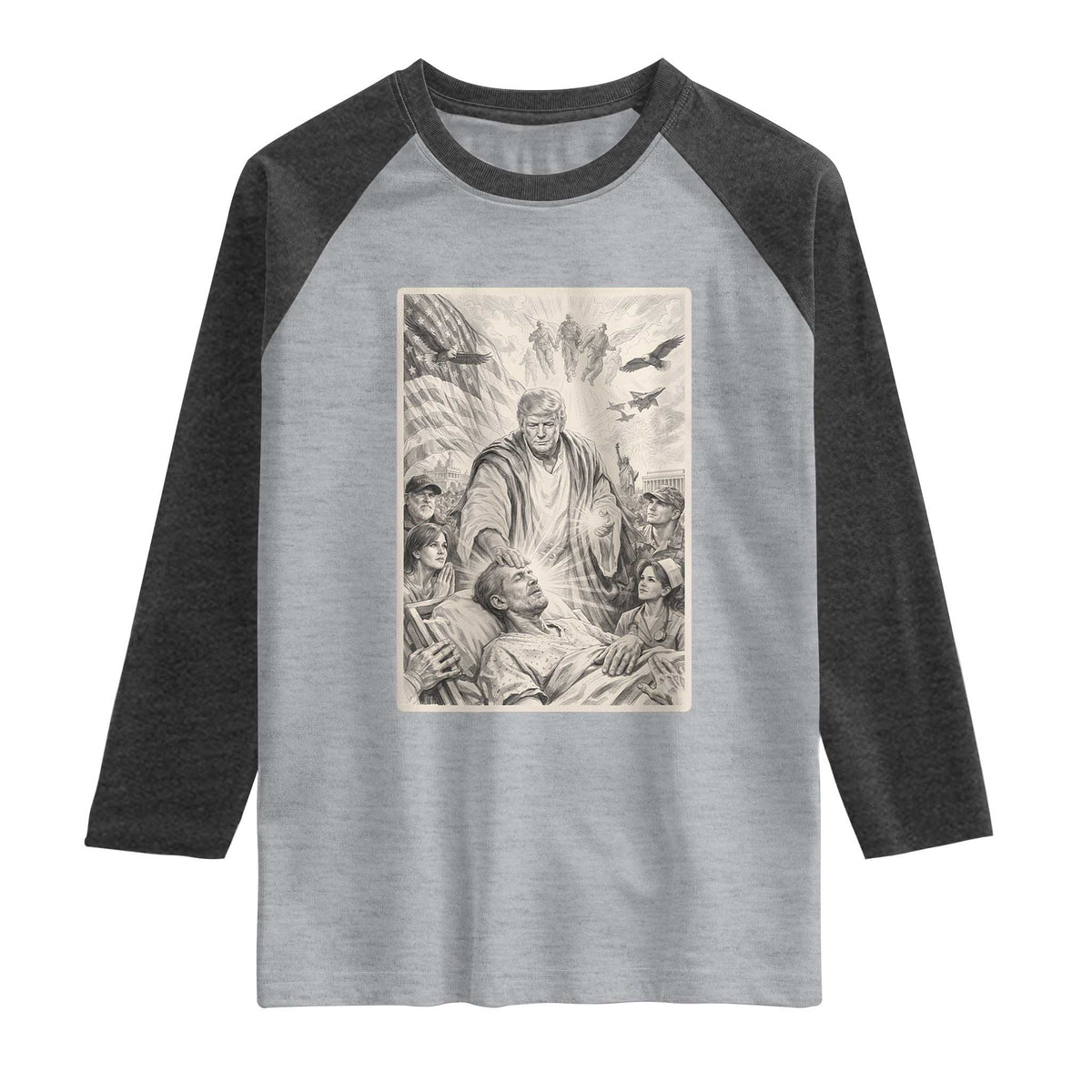 Trump The Healer Graphic Raglan Shirt Vintage Etching Style Religious Political Satire TS02 Heather Gray Heather Charcoal Print Your Wear