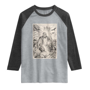 Trump The Healer Graphic Raglan Shirt Vintage Etching Style Religious Political Satire TS02 Heather Gray Heather Charcoal Print Your Wear