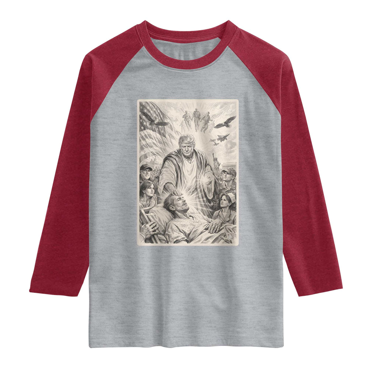 Trump The Healer Graphic Raglan Shirt Vintage Etching Style Religious Political Satire TS02 Heather Gray Heather Red Print Your Wear