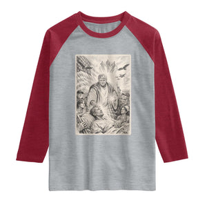 Trump The Healer Graphic Raglan Shirt Vintage Etching Style Religious Political Satire TS02 Heather Gray Heather Red Print Your Wear