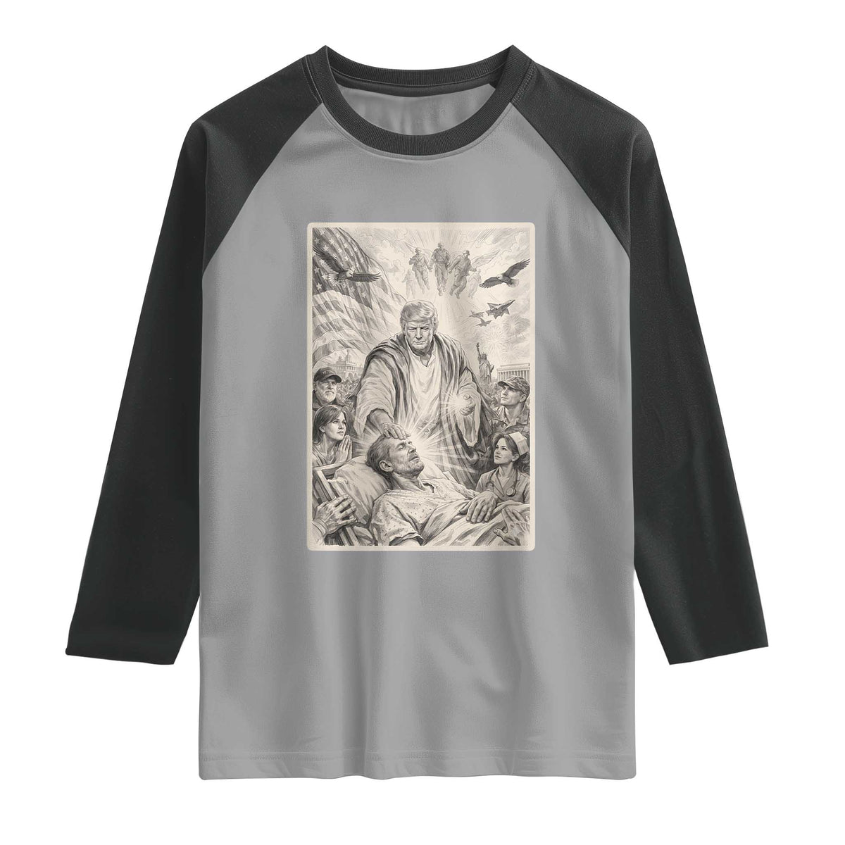 Trump The Healer Graphic Raglan Shirt Vintage Etching Style Religious Political Satire TS02 Sport Gray Black Print Your Wear