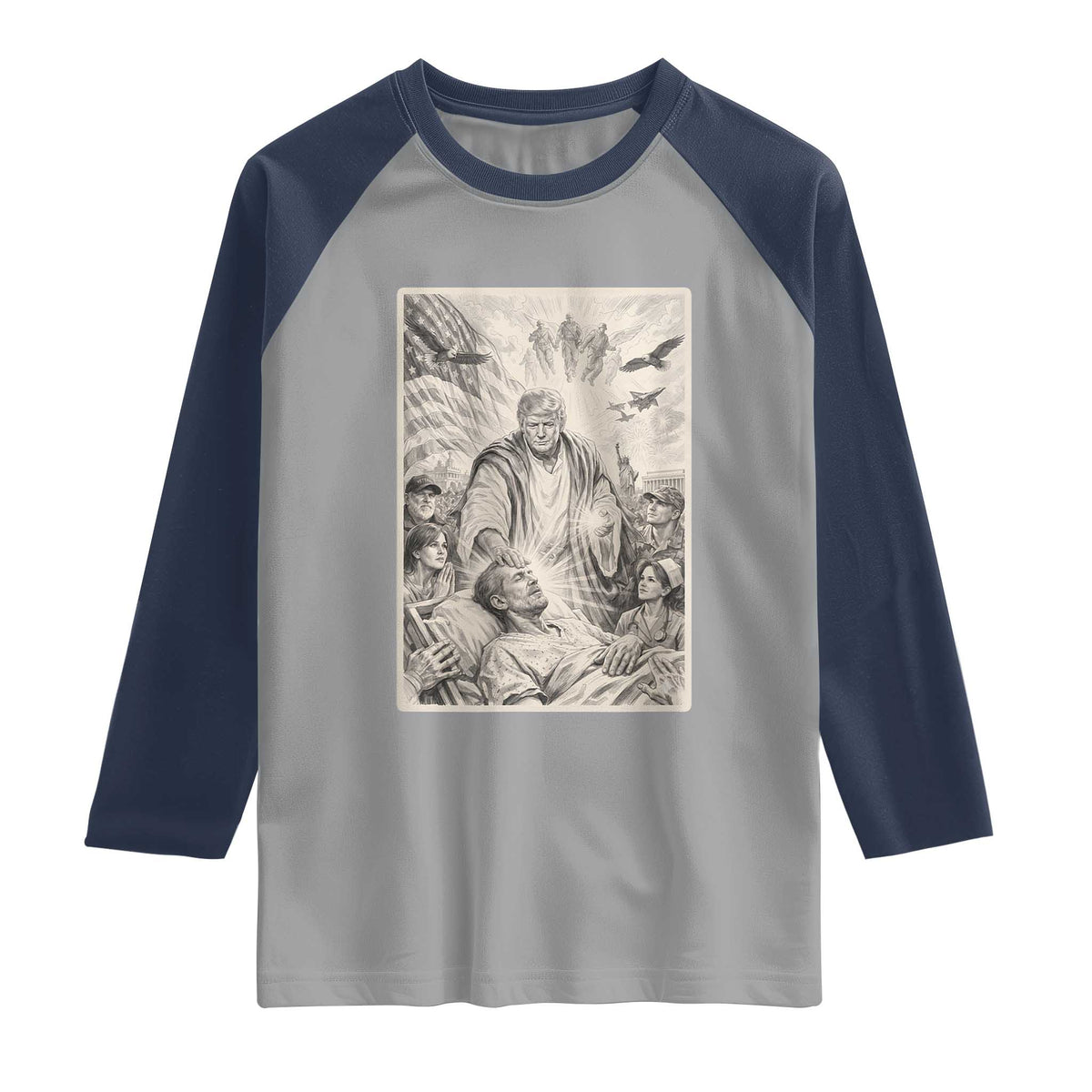 Trump The Healer Graphic Raglan Shirt Vintage Etching Style Religious Political Satire TS02 Sport Gray Navy Print Your Wear