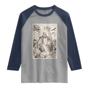 Trump The Healer Graphic Raglan Shirt Vintage Etching Style Religious Political Satire TS02 Sport Gray Navy Print Your Wear