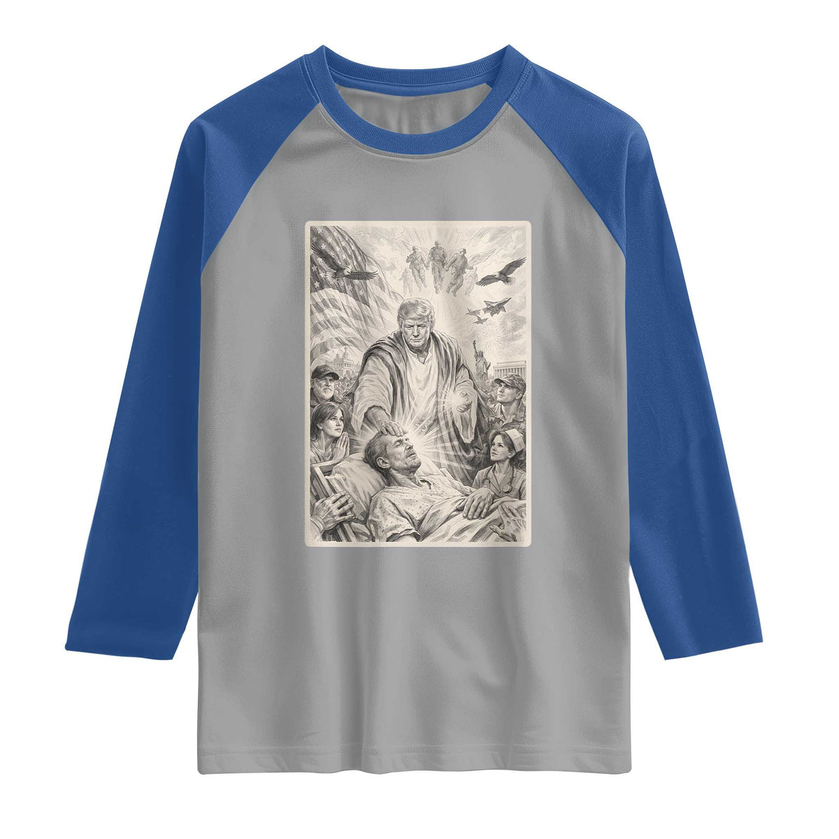 Trump The Healer Graphic Raglan Shirt Vintage Etching Style Religious Political Satire TS02 Sport Gray Royal Print Your Wear