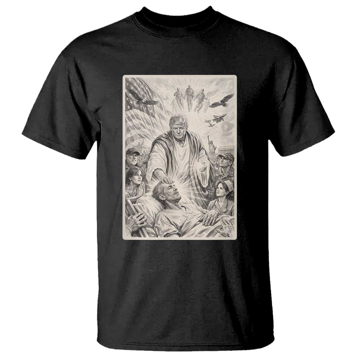 Trump The Healer Graphic T Shirt Vintage Etching Style Religious Political Satire TS02 Black Print Your Wear