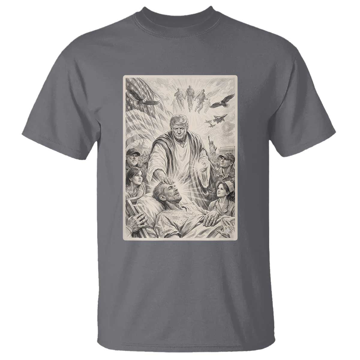 Trump The Healer Graphic T Shirt Vintage Etching Style Religious Political Satire TS02 Charcoal Print Your Wear