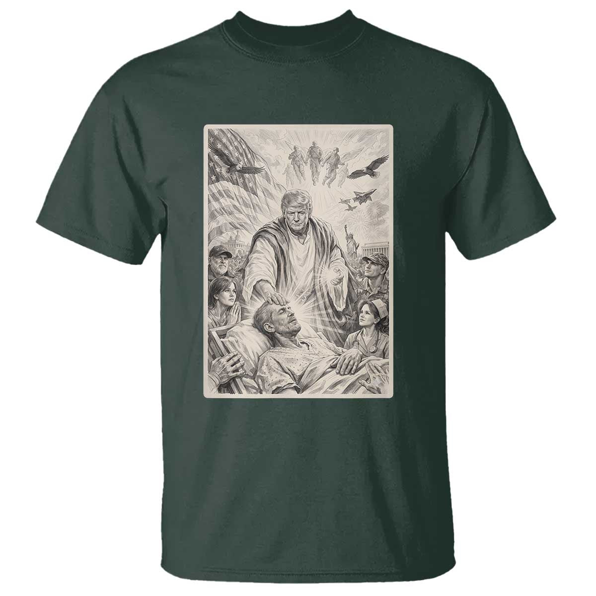 Trump The Healer Graphic T Shirt Vintage Etching Style Religious Political Satire TS02 Dark Forest Green Print Your Wear