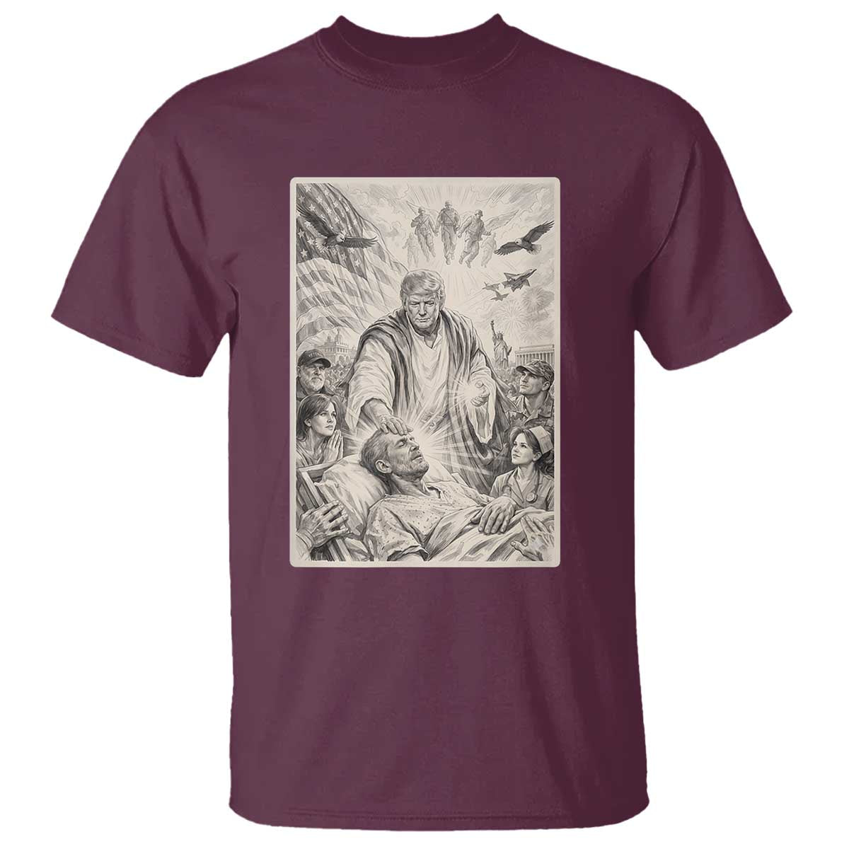 Trump The Healer Graphic T Shirt Vintage Etching Style Religious Political Satire TS02 Maroon Print Your Wear