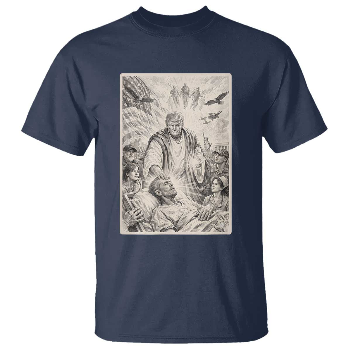 Trump The Healer Graphic T Shirt Vintage Etching Style Religious Political Satire TS02 Navy Print Your Wear