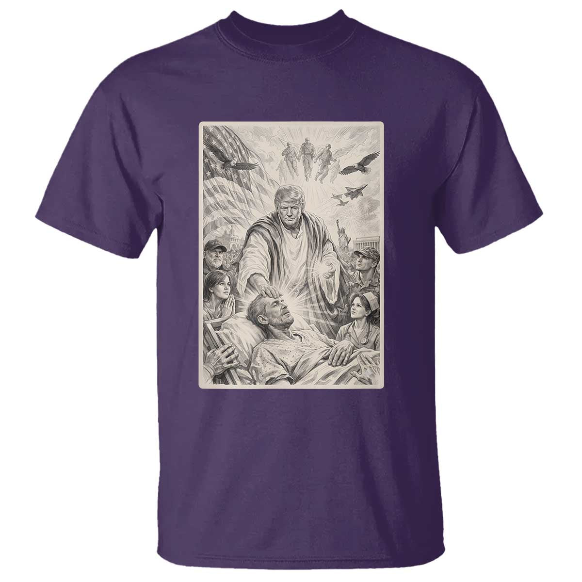 Trump The Healer Graphic T Shirt Vintage Etching Style Religious Political Satire TS02 Purple Print Your Wear