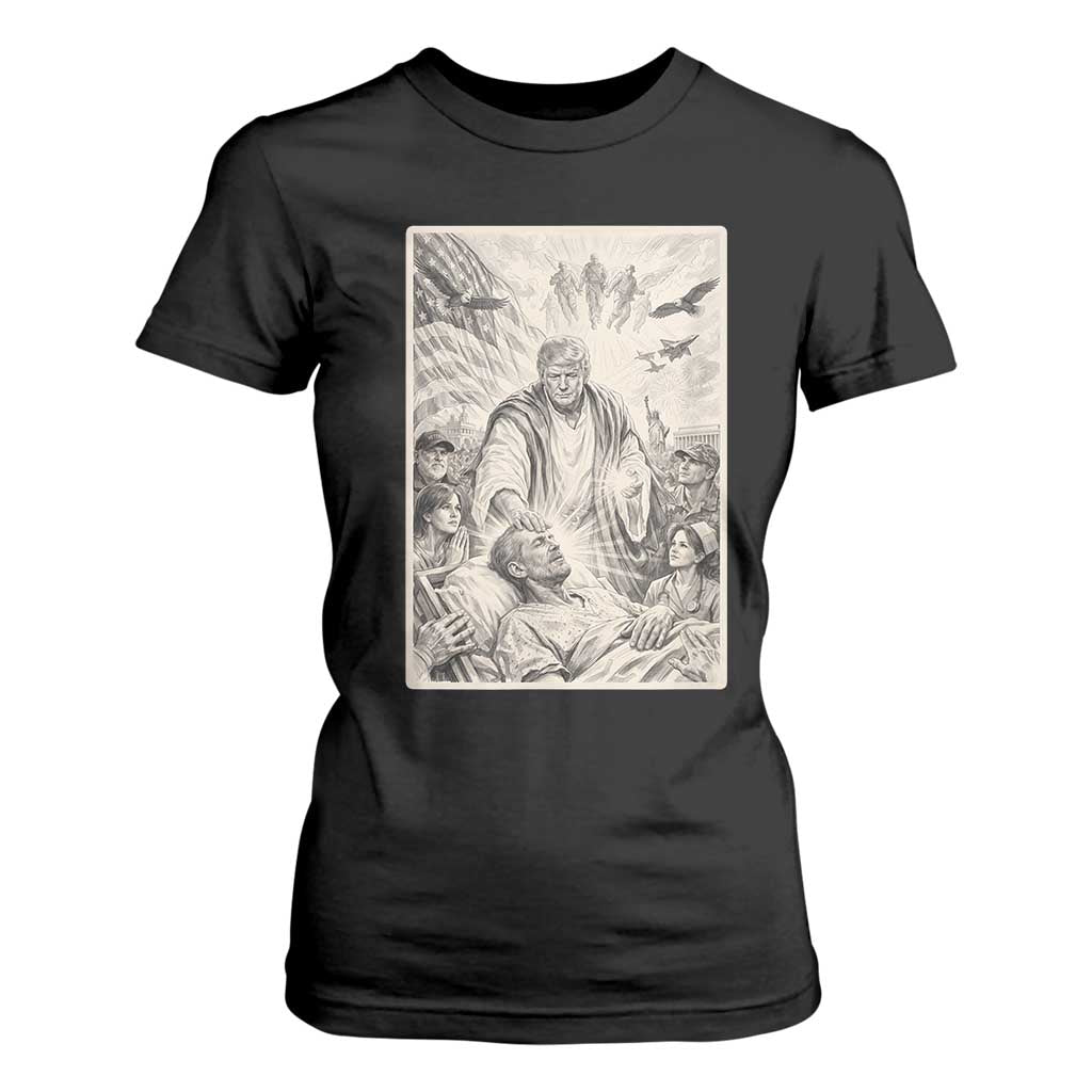 Trump The Healer Graphic T Shirt For Women Vintage Etching Style Religious Political Satire TS02 Black Print Your Wear