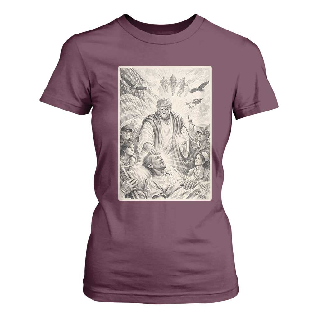 Trump The Healer Graphic T Shirt For Women Vintage Etching Style Religious Political Satire TS02 Maroon Print Your Wear