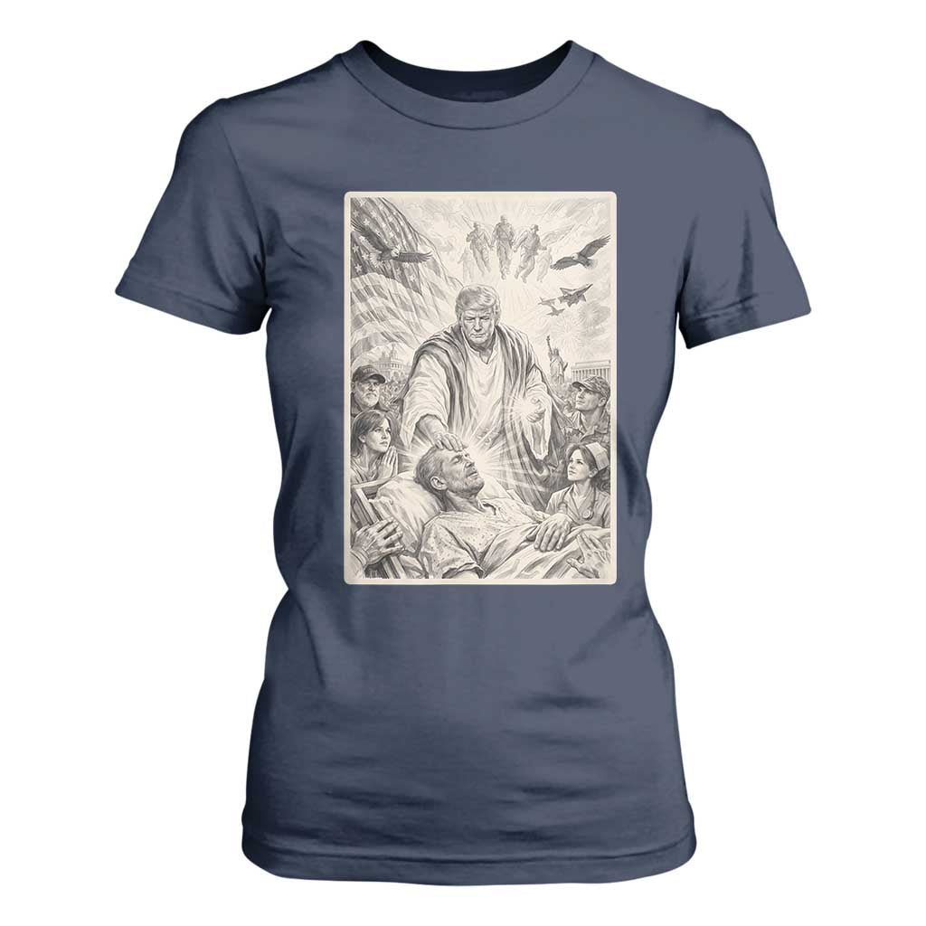 Trump The Healer Graphic T Shirt For Women Vintage Etching Style Religious Political Satire TS02 Navy Print Your Wear