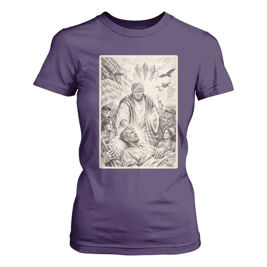Trump The Healer Graphic T Shirt For Women Vintage Etching Style Religious Political Satire TS02 Purple Print Your Wear